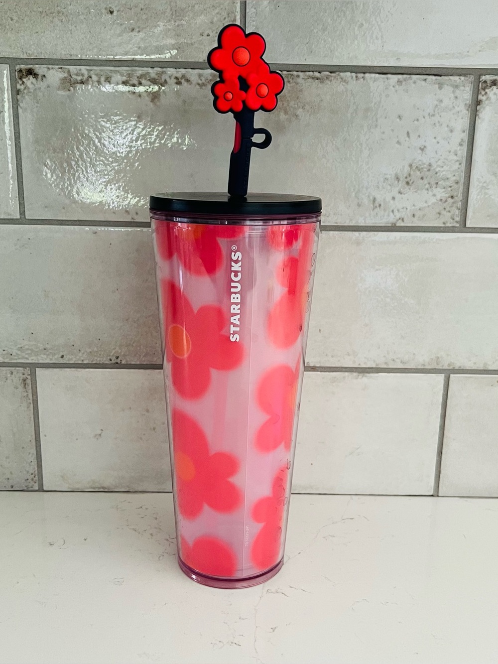 STARBUCKS NWOT 2025 Valentine's Day Pink Floral Cold Cup with Straw Topper 24 oz